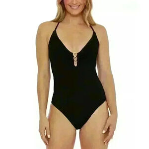 NEW! Trina Turk Women's 2 Black Sands Textured Plunge-Neck One-Piece Swimsuit
